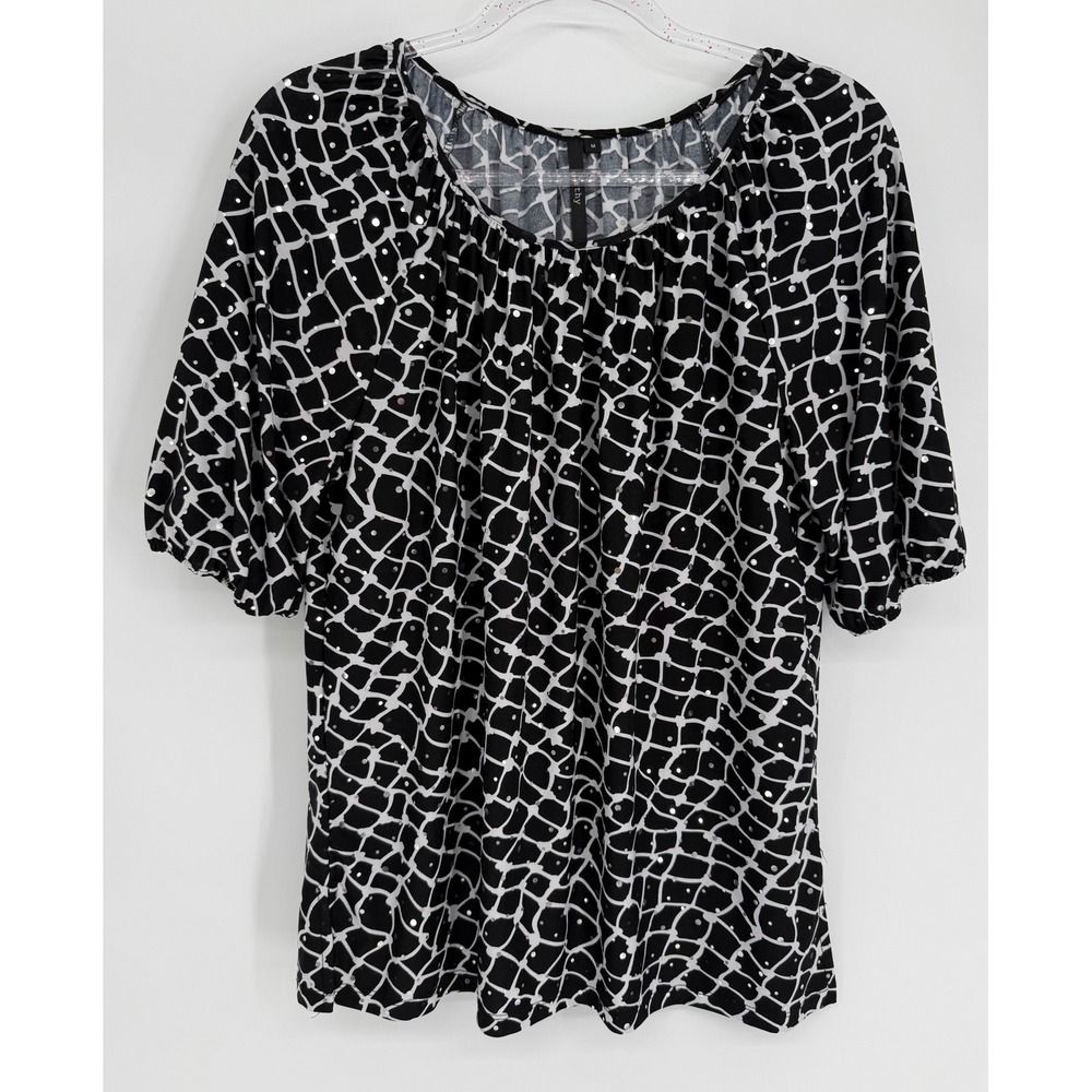 Cathy Daniels Womens Black White Geometric Sequin Scoop Neck Puff  Blouse Sz M